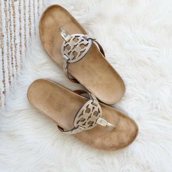 EUC TORY BURCH MILLER CLOUD SANDAL METALLIC GOLD CORK FOOTBED SZ 9.5 - Picture 8 of 11